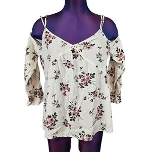 American Eagle Cream & Pink Floral Cold Shoulder Boho Blouse Size Medium C101